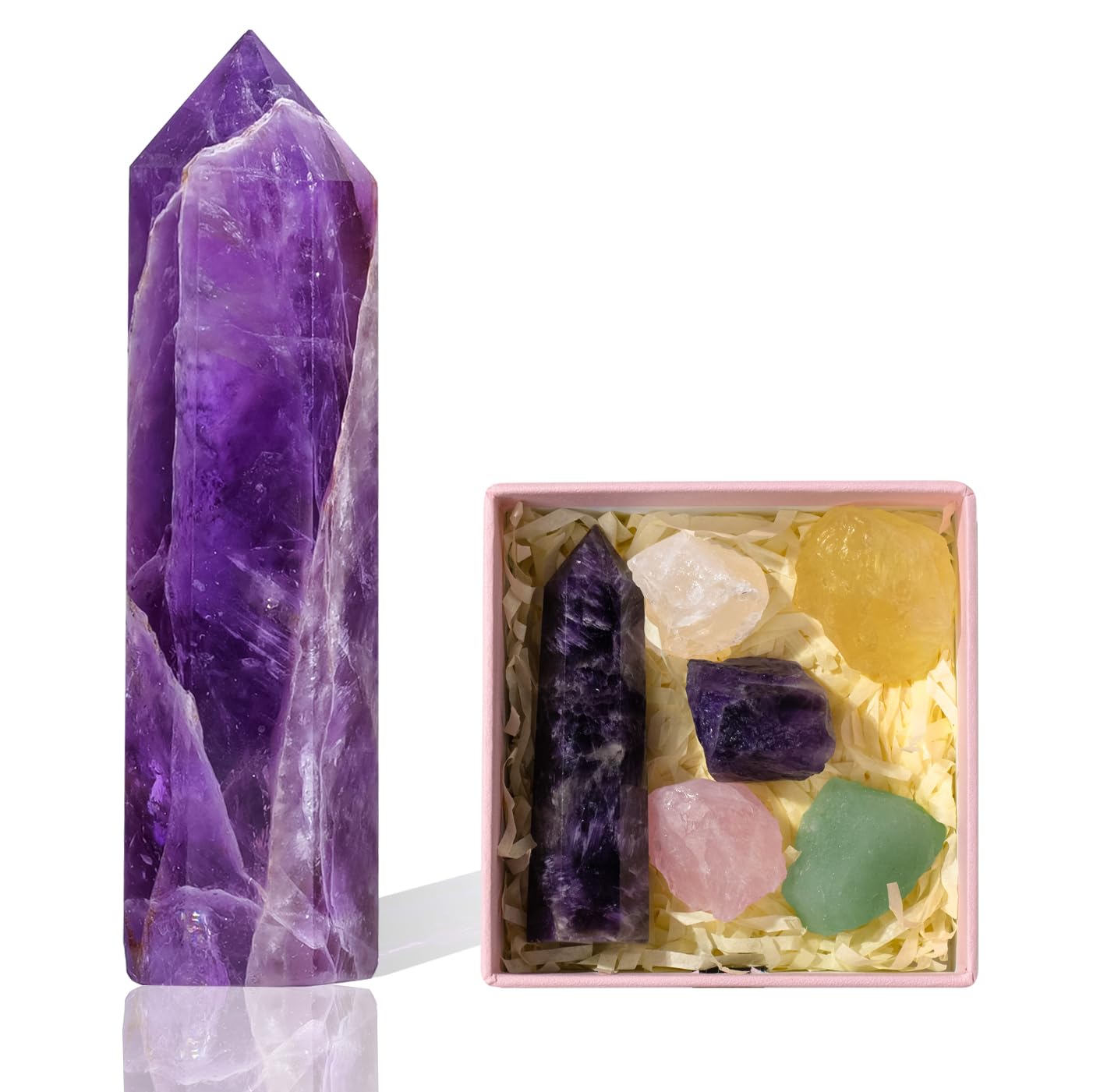 Runyangshi 3" Natural Dream Amethyst Tower Healing Crystal Wand Complimentary 5PCS 1" Raw Stones for Reiki Chakra Meditation Therapy Decor Gemstone Gift
