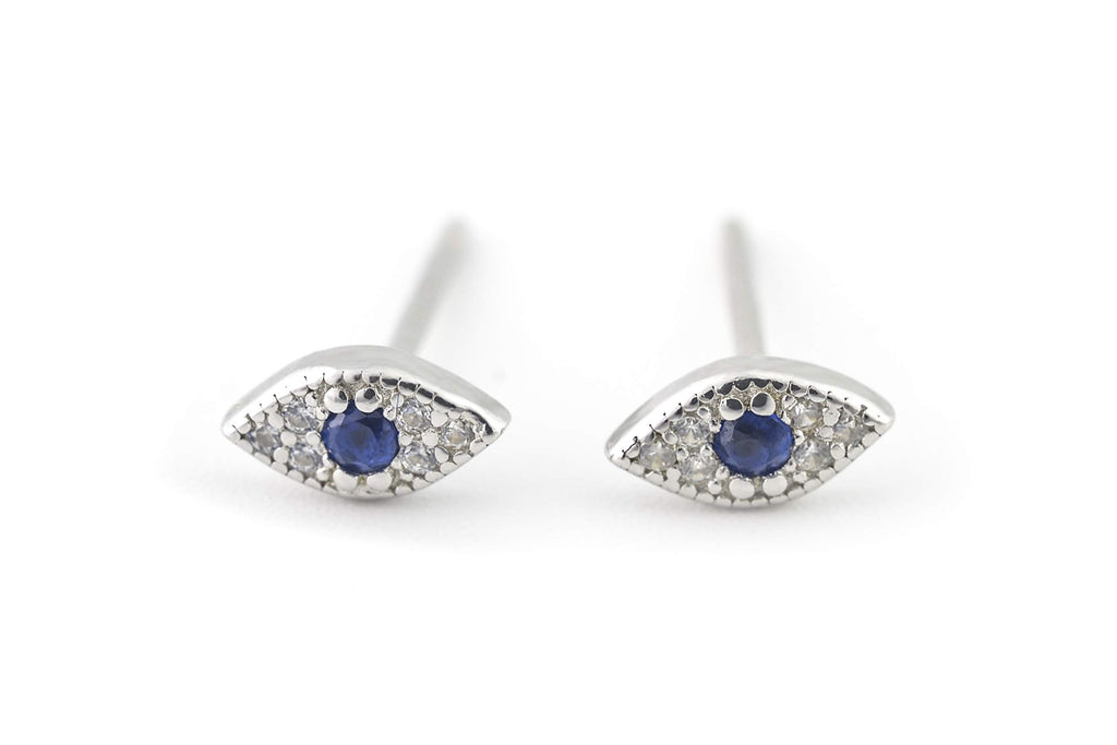 925 Sterling Silver Cute Tiny Small Evil Eye Blue Crystal CZ Studs Earring Ear Piercing for Women Great Gift (Silver)