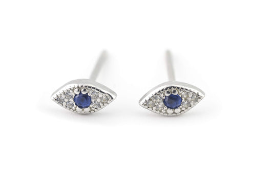925 Sterling Silver Cute Tiny Small Evil Eye Blue Crystal CZ Studs Earring Ear Piercing for Women Great Gift (Silver)