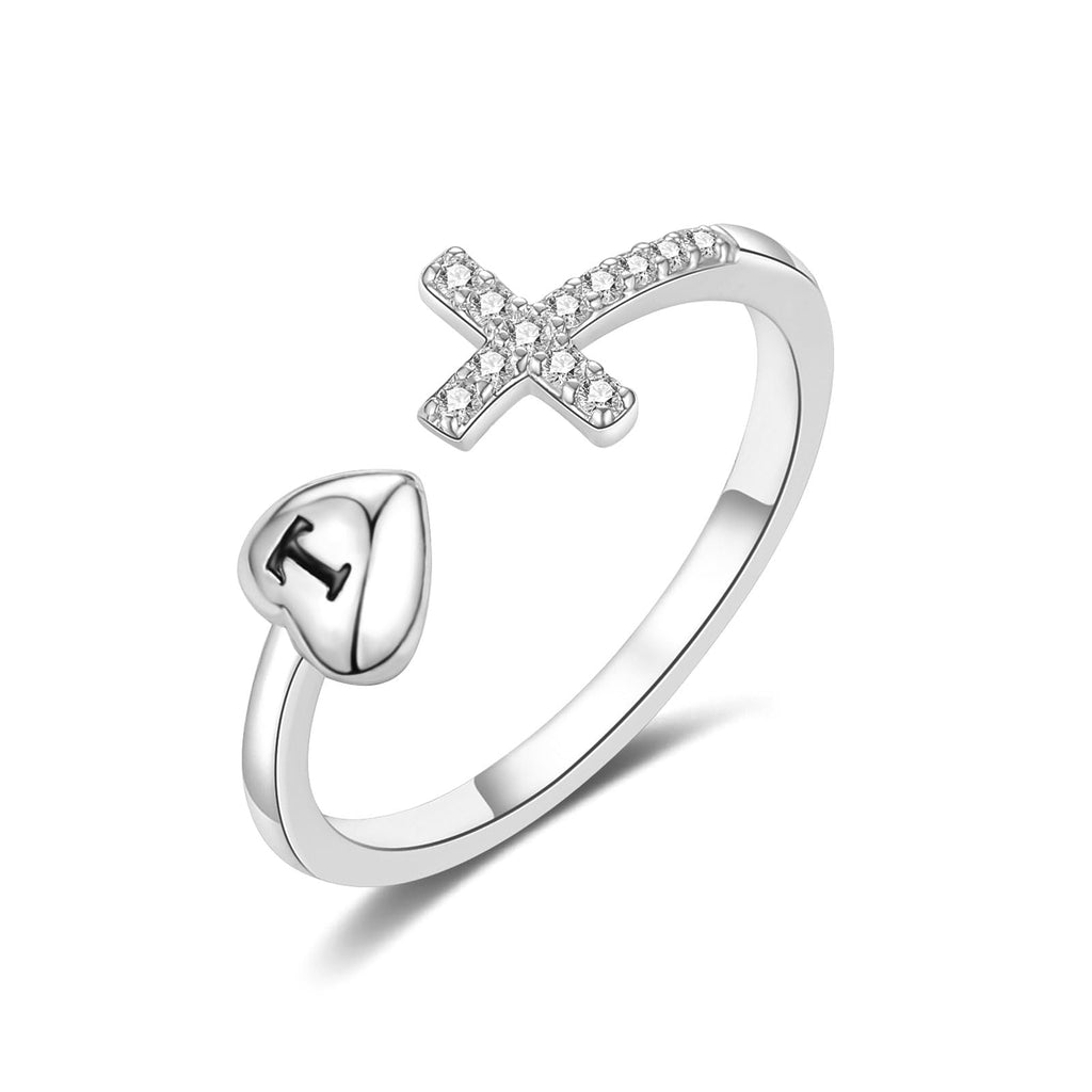 RLMOON Silver Heart Initial Ring for Women Teen Girls Silver CZ Cross Ring Non Tarnish Dainty Letter T Ring Adjustable Personalized Silver Jewelry Gift
