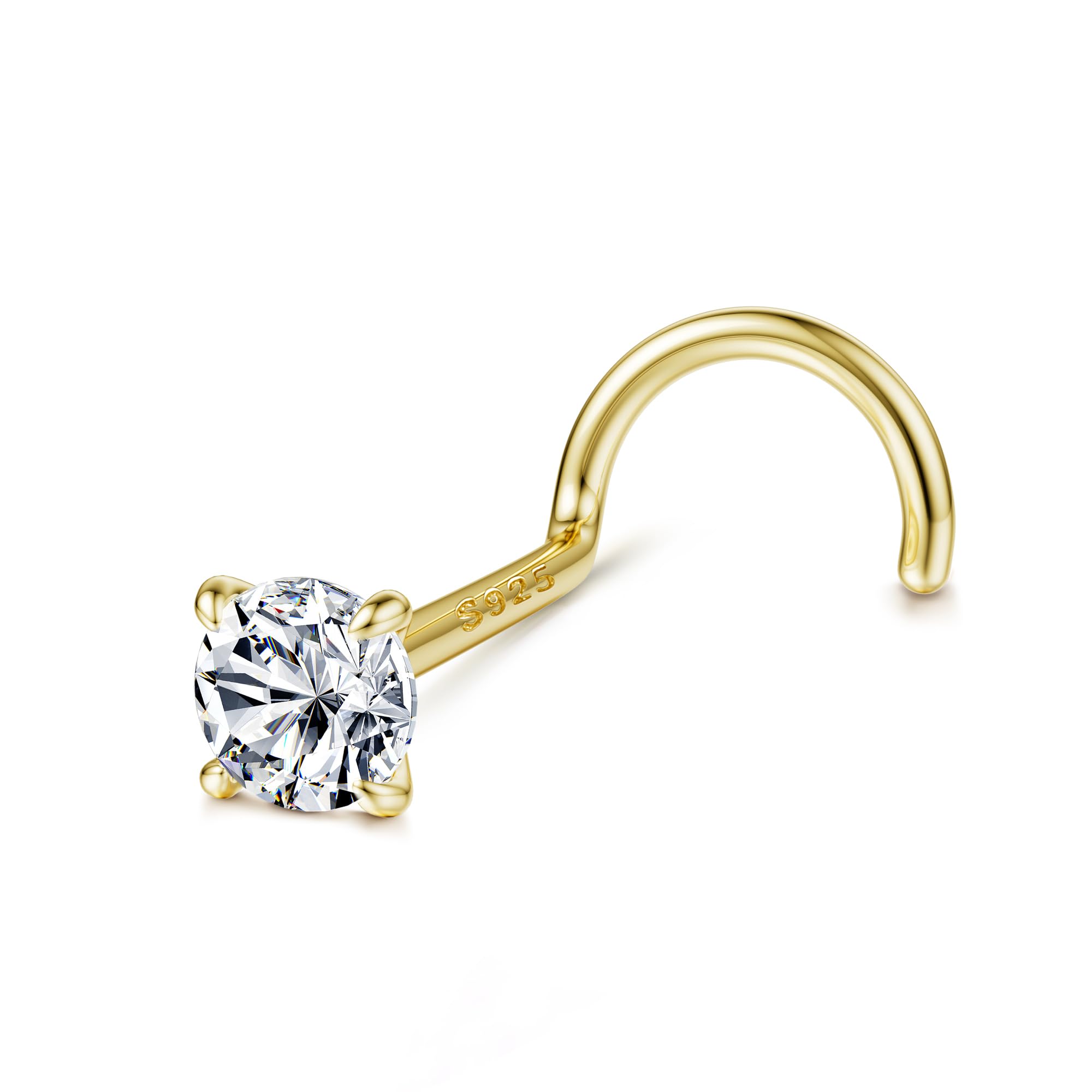 MILACOLATO 925 Sterling Silver Nose Ring Stud: 14k Gold Filled Hypoallergenic Nose Stud with 2mm Simulated Diamond CZ 20G Corkscrew S Shaped Nose Nostril Piercing Jewelry for Women Men