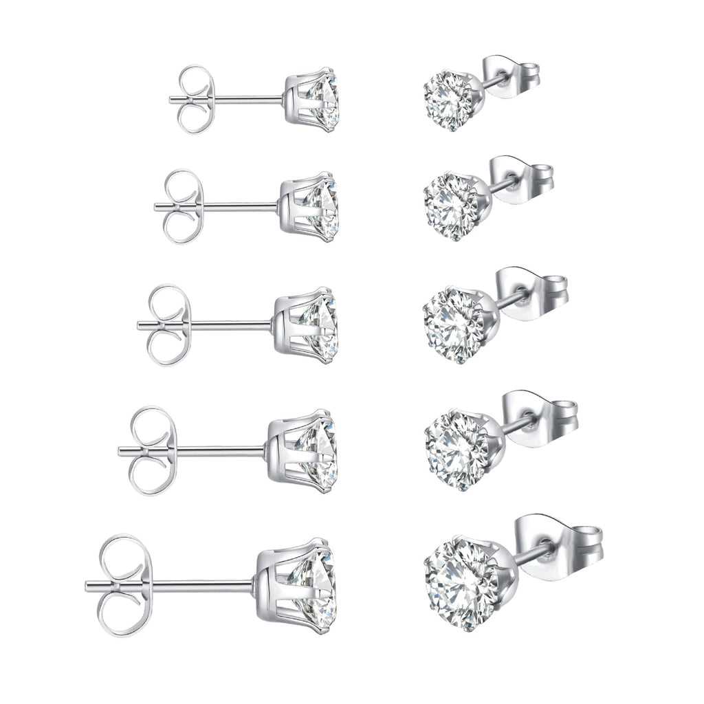 Sterling Silver Stud Earrings for Women 5 Pairs Hypoallergenic Stud Earrings Set Cubic Zirconia Earrings Studs for Women Men Jewelry Gift