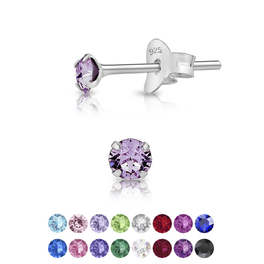 DTPsilver 925 Sterling Silver Round TINY Stud Earrings made with Glittering Crystals from Swarovski Elements - Diameter: 3 mm - Colour : Violet