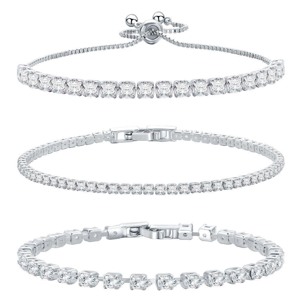 14K Silver Plated Tennis Bracelet Cubic Zirconia Classic Adjustable Bracelet Silver Bracelets for Women Birthday Valentine Mothers Day Jewelry (GSZH-003)