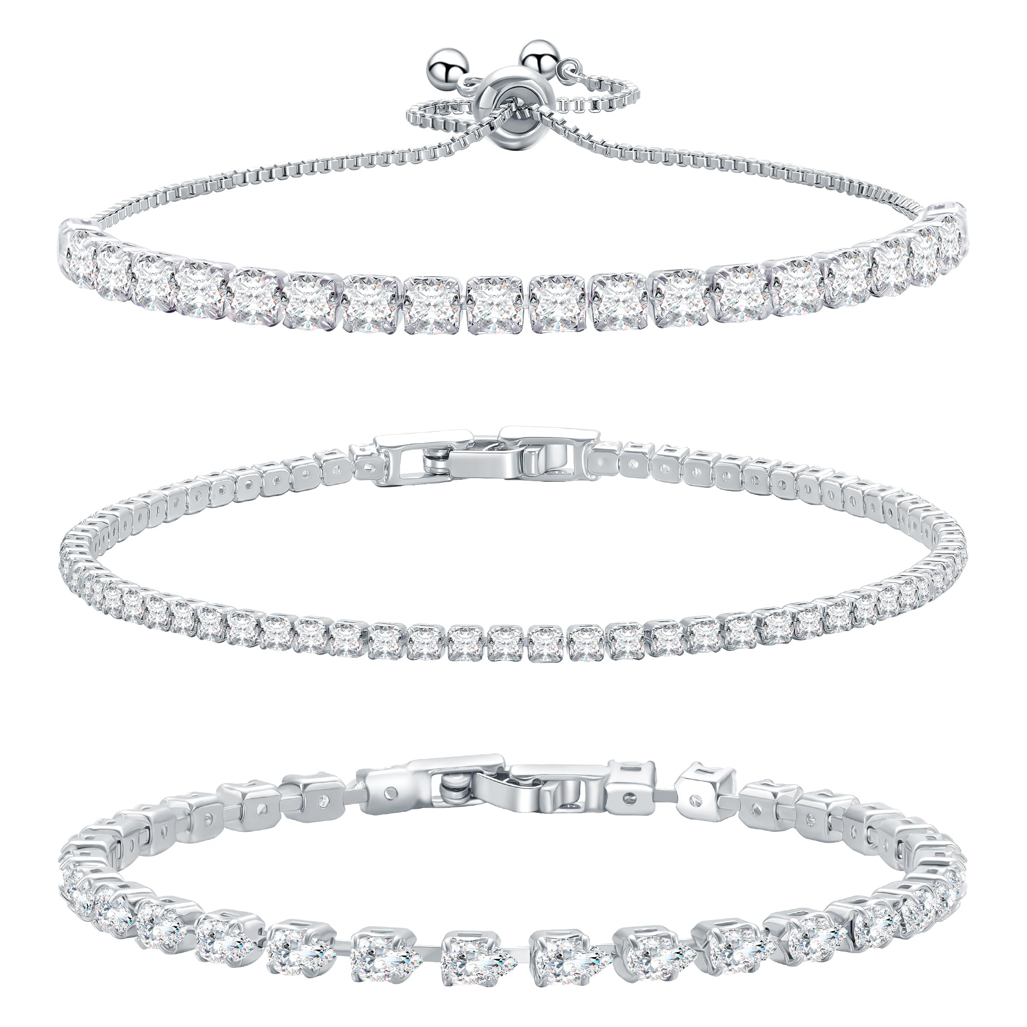 14K Silver Plated Tennis Bracelet Cubic Zirconia Classic Adjustable Bracelet Silver Bracelets for Women Birthday Valentine Mothers Day Jewelry (GSZH-003)