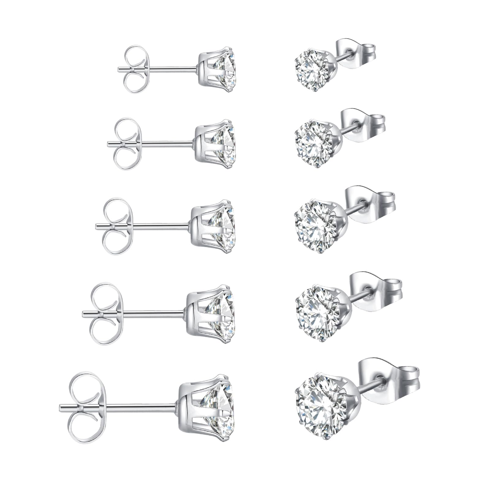 Sterling Silver Stud Earrings for Women 5 Pairs Hypoallergenic Stud Earrings Set Cubic Zirconia Earrings Studs for Women Men Jewelry Gift