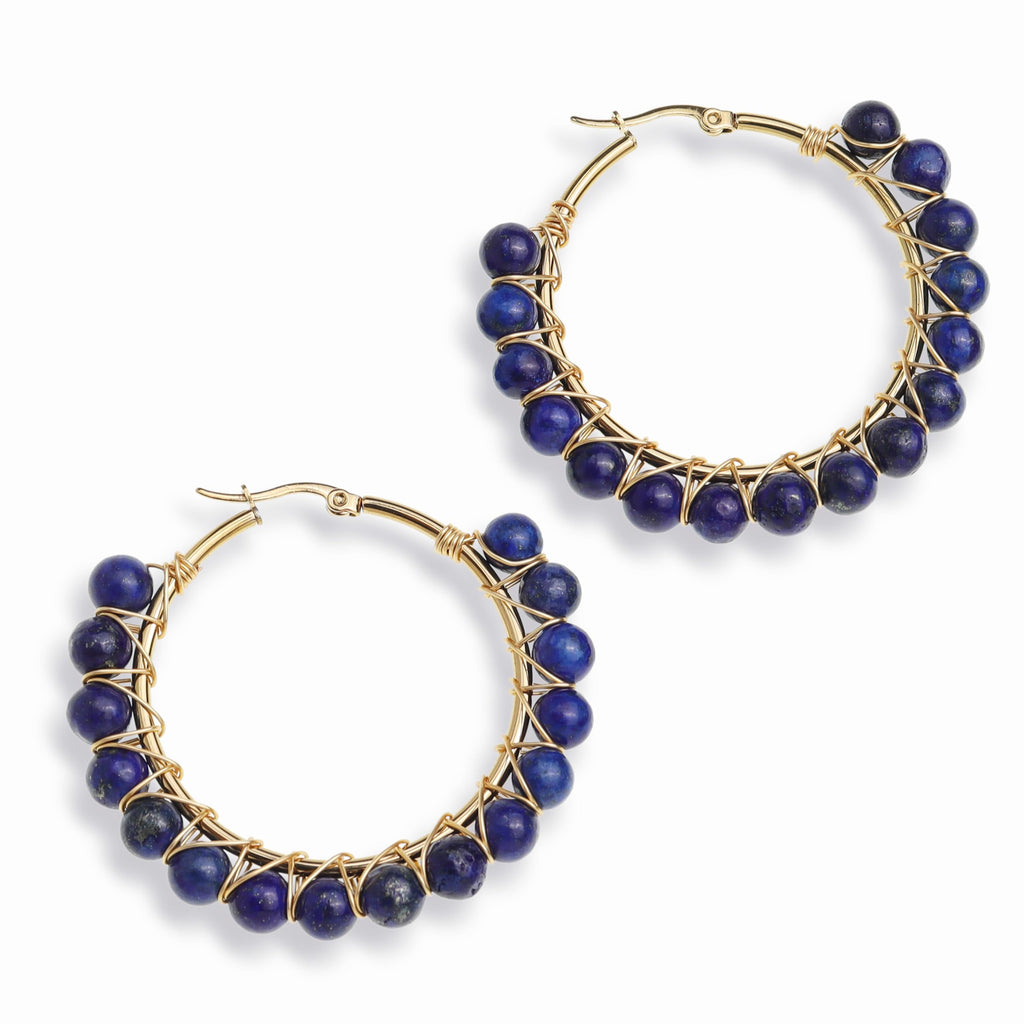 Agriajun Handmade Natural Stone Beaded Large Gold Chunky Hoop Earrings for Women Statement Boho Blue Gemstone Beads Huggie Earrings Hypoallergenic Prom Holiday Jewelry Gift
