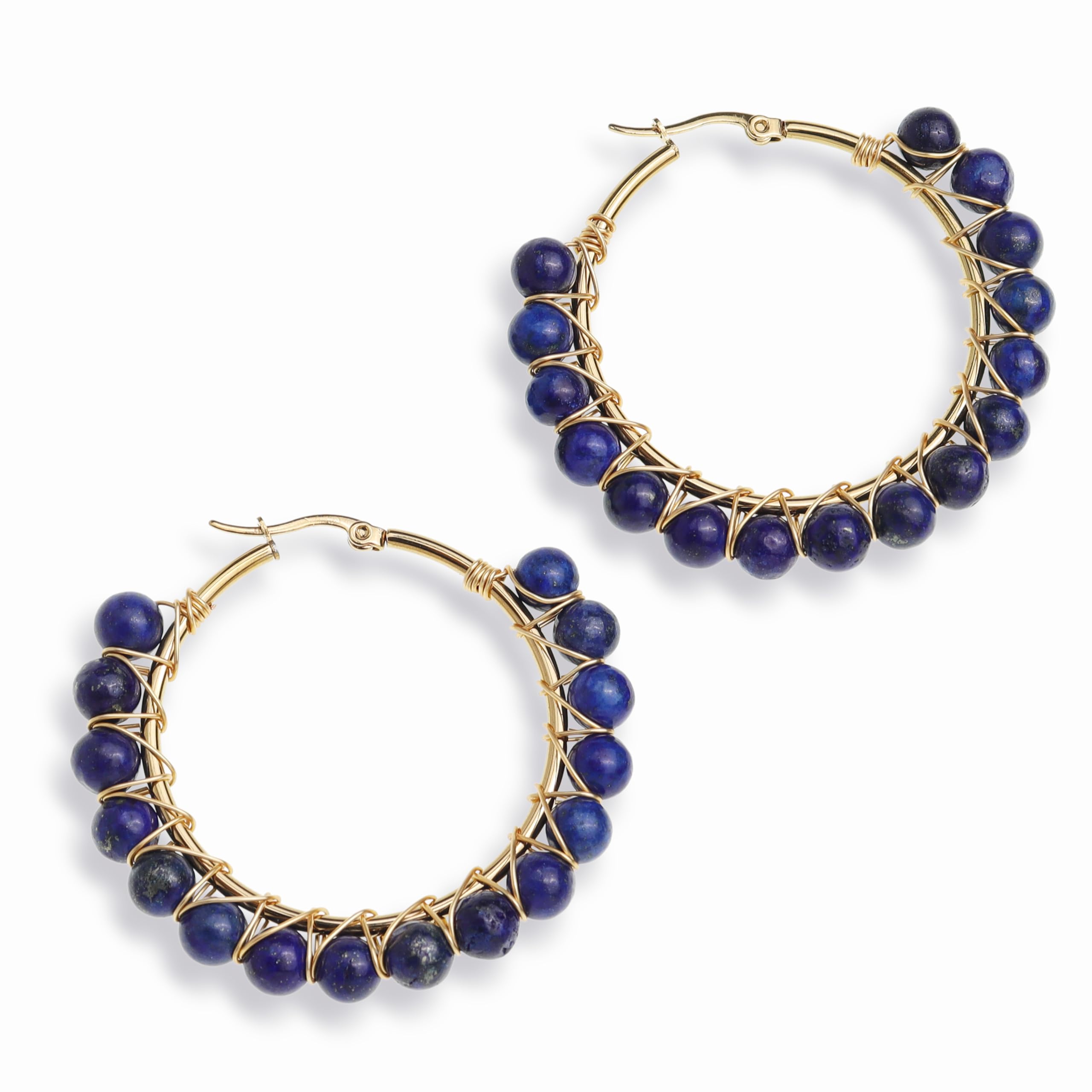 Agriajun Handmade Natural Stone Beaded Large Gold Chunky Hoop Earrings for Women Statement Boho Blue Gemstone Beads Huggie Earrings Hypoallergenic Prom Holiday Jewelry Gift