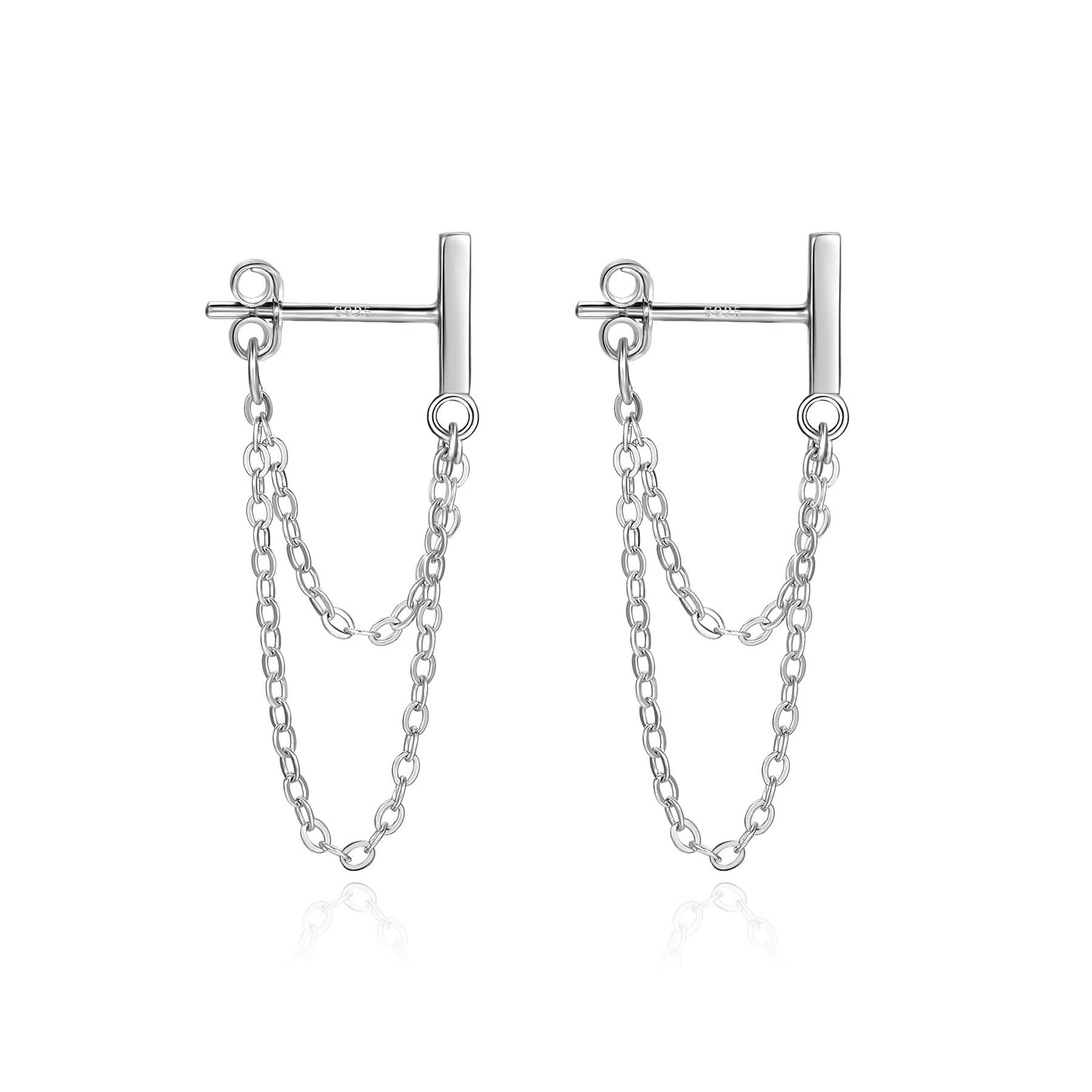 YZSFMZGE 925 Sterling Silver Chain Dangle Earrings Bar Stud Earrings for Women Minimalist Bar Double Chain Earrings Jewelry Gifts for Christmas Birthday (Silver)